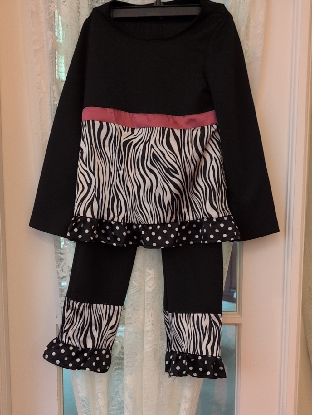 Girls Black Top & Legging Set with Zebra, Polka Dots & Pink Trim